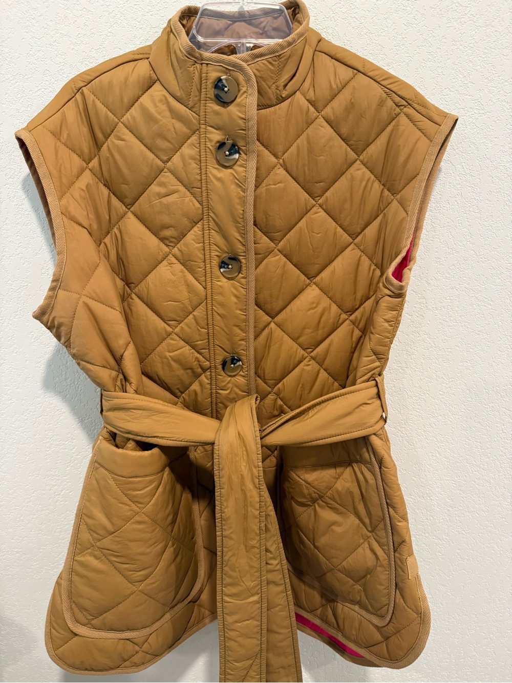 Quilted Sleeveless Belted Vest in Camel and Fuchsia